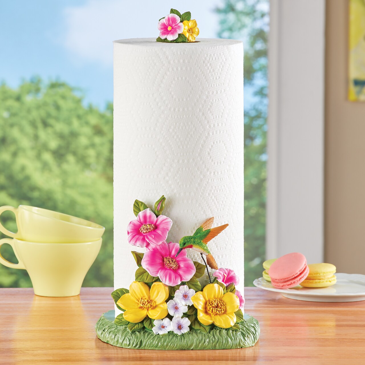 Collections Etc Hand-Painted Floral Hummingbird Paper Towel Holder